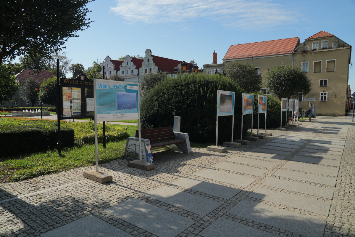 na zdjęciu tablice ulicznej galerii na wschowskim rynku